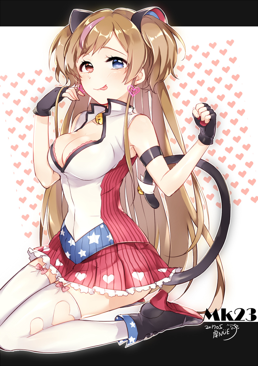 :p artist_name bangs black_footwear black_gloves blue_eyes blush boots breasts brown_hair character_name closed_mouth dated earrings fingerless_gloves girls_frontline gloves hands_up heart heart_background heart_earrings heart_print heterochromia highres jewelry large_breasts leafwow long_hair looking_at_viewer mk_23_(girls_frontline) multicolored_hair pink_hair pink_skirt red_eyes seiza sidelocks signature sitting skirt smile solo streaked_hair tareme thighhighs tongue tongue_out torn_clothes torn_legwear two_side_up vest white_legwear