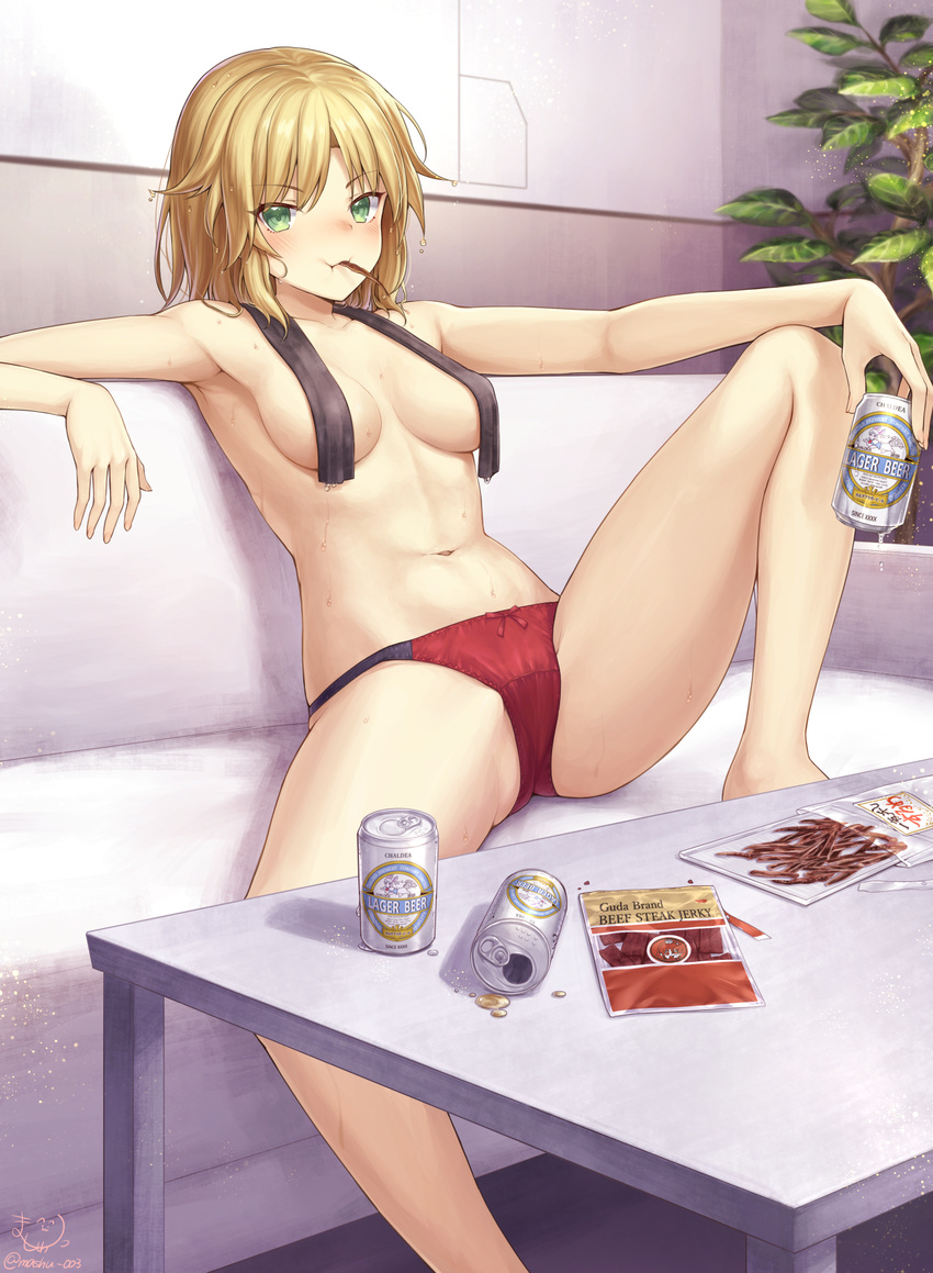 alcohol armpits beer beer_can black_panties black_towel blonde_hair blush breasts breasts_apart cameo can coffee_table commentary couch eating eyebrows_visible_through_hair fate/apocrypha fate/grand_order fate_(series) food fou_(fate/grand_order) fujimaru_ritsuka_(female) green_eyes hair_down highres jerky looking_at_viewer mashu_003 medium_breasts mordred_(fate) mordred_(fate)_(all) multicolored multicolored_clothes multicolored_panties navel panties red_panties red_ribbon ribbon ribbon_panties short_hair sitting slovenly solo table topless towel towel_around_neck twitter_username underwear underwear_only wet