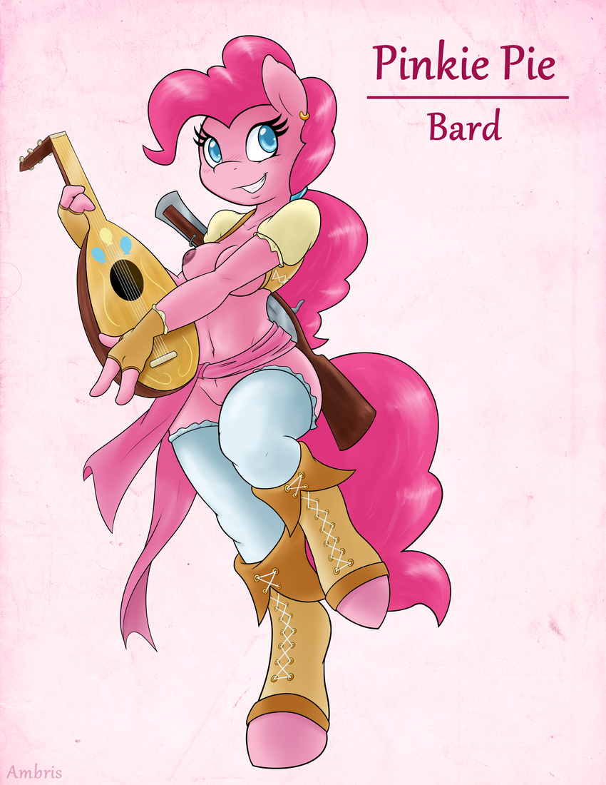 2015 absurd_res ambris anthro anthrofied blue_eyes breasts ear_piercing earth_pony equine female friendship_is_magic fur hair hi_res horse mammal musical_instrument my_little_pony nipples piercing pink_fur pink_hair pinkie_pie_(mlp) pony pussy smile solo
