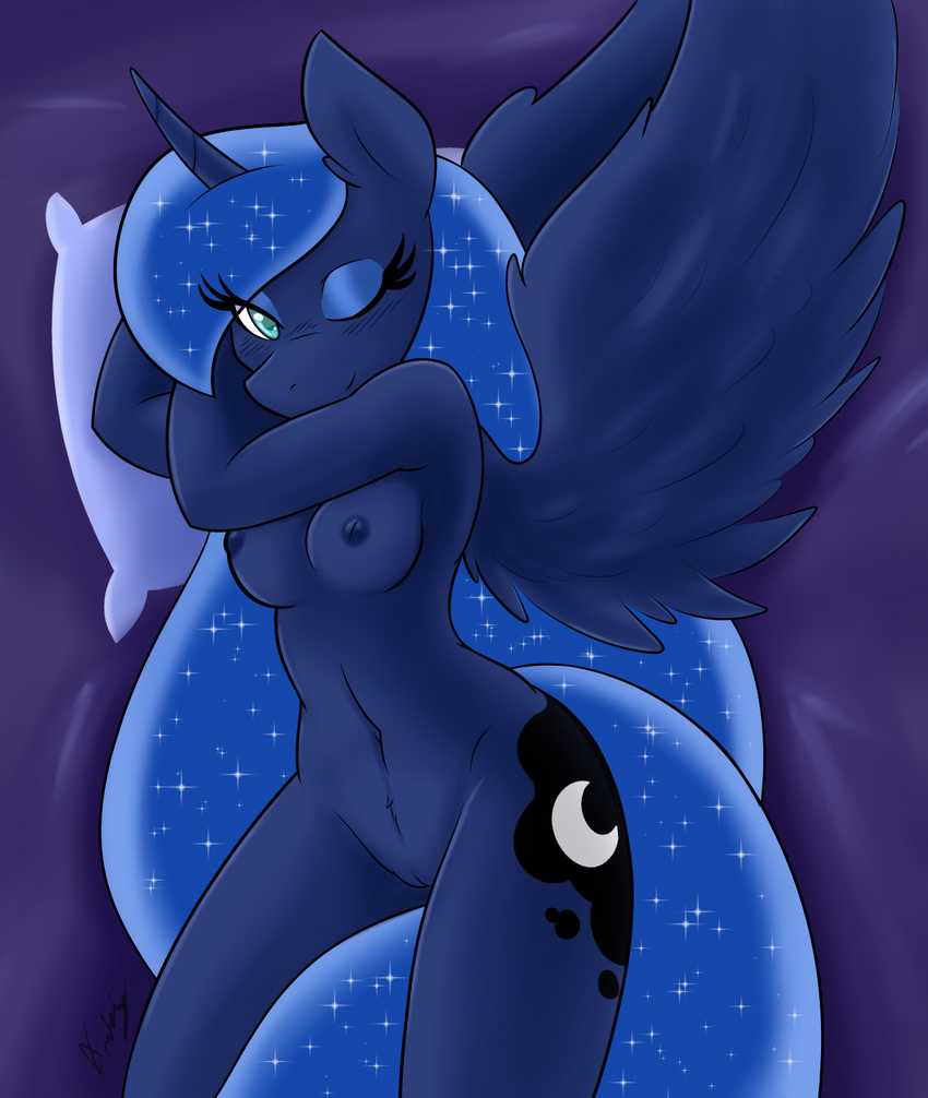 2015 ambris anthro anthrofied bed blue_eyes blue_feathers blue_fur blue_hair breasts cutie_mark equine eyelashes eyeshadow feathered_wings feathers female friendship_is_magic fur hair hi_res horn long_hair looking_at_viewer lying makeup mammal my_little_pony navel nipples nude on_back one_eye_closed pillow princess_luna_(mlp) pussy smile solo winged_unicorn wings wink