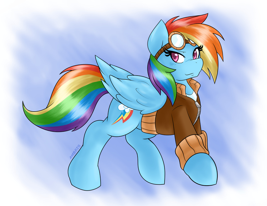 2015 ambris blue_feathers blue_fur clothing cutie_mark equine eyewear feathered_wings feathers female feral friendship_is_magic fur goggles hair hi_res jacket mammal multicolored_hair multicolored_tail my_little_pony pegasus pink_eyes rainbow_dash_(mlp) rainbow_hair rainbow_tail solo wings