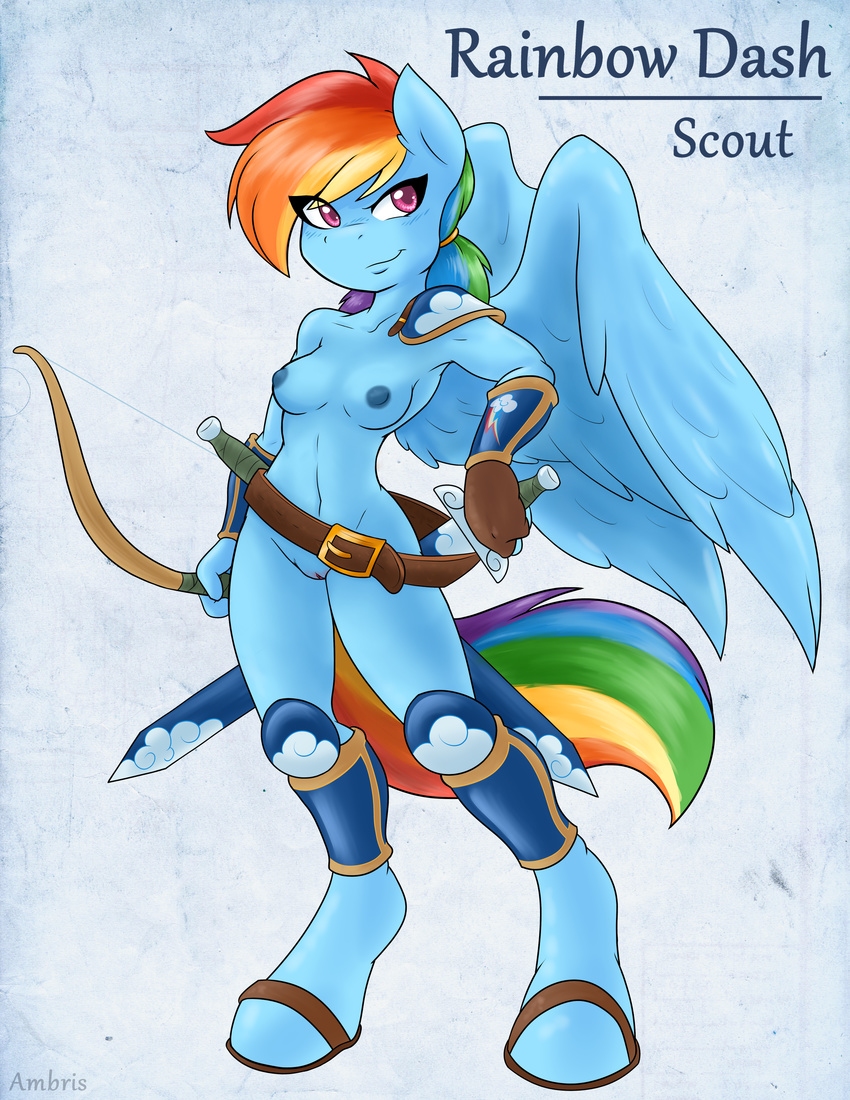 2015 absurd_res ambris anthro anthrofied blue_feathers blue_fur bow_(weapon) breasts equine feathered_wings feathers female friendship_is_magic fur hair hi_res holding_object holding_weapon mammal melee_weapon multicolored_hair multicolored_tail my_little_pony navel nipples pegasus pink_eyes pussy rainbow_dash_(mlp) rainbow_hair rainbow_tail ranged_weapon smile solo sword weapon wings