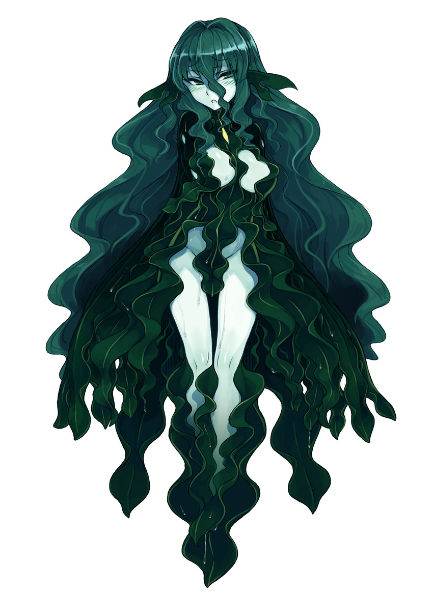 :o absurdres bare_legs blush enty_reward eyebrows_visible_through_hair flow_kelp full_body green green_eyes green_hair green_skin groin hair_between_eyes highres kenkou_cross long_hair looking_at_viewer monster_girl monster_girl_encyclopedia official_art open_mouth paid_reward pale_skin parted_lips plant_girl simple_background solo standing very_long_hair water_drop wavy_hair wet white_background
