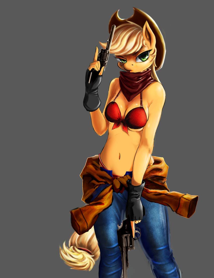 2014 anthro anthrofied applejack_(mlp) bikini blonde_hair breasts cleavage clothed clothing cowboy_hat d-lowell dual_wielding earth_pony equine female fingerless_gloves friendship_is_magic gloves green_eyes grey_background gun hair handgun hat hi_res holding_object holding_weapon horse looking_at_viewer mammal midriff my_little_pony navel neckerchief pants pony ranged_weapon revolver simple_background solo swimsuit tailband underwear weapon