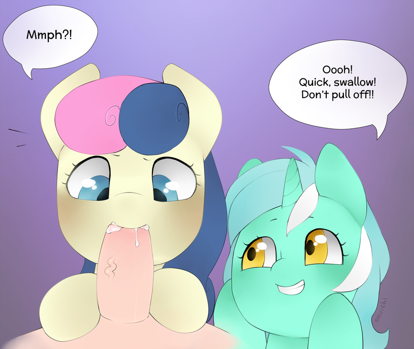 2015 blue_eyes bonbon_(mlp) cum dialogue duo_focus earth_pony english_text equine female feral friendship_is_magic group hair horn horse human long_hair lyra_heartstrings_(mlp) male male/female mammal multicolored_hair my_little_pony oouichi oral pegasus pony sex smile text two_tone_hair unicorn vein wings