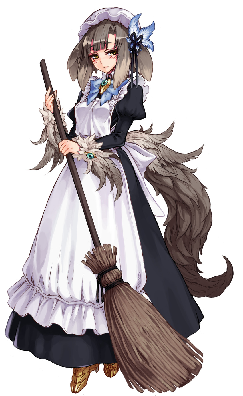 absurdres animal_ears apron blush broom brown_hair dog_ears enty_reward feathers full_body hair_ornament highres kenkou_cross kikimora_(monster_girl_encyclopedia) looking_at_viewer maid maid_apron monster_girl monster_girl_encyclopedia official_art paid_reward ribbon simple_background smile solo tail white_background yellow_eyes