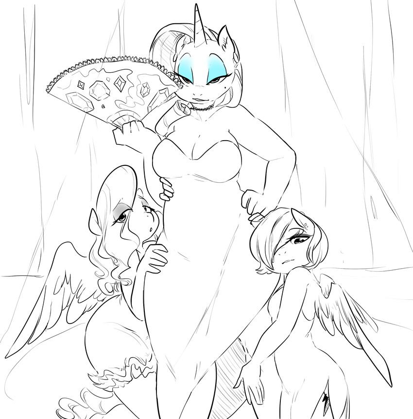2015 anthro anthrofied beauty_mark breasts cleavage clothed clothing cutie_mark dress equine eyeshadow feathered_wings feathers female fluttershy_(mlp) friendship_is_magic glacierclear group hair hair_over_eye half-closed_eyes hand_fan hand_on_hip hi_res holding_object horn inside long_hair looking_at_viewer makeup mammal my_little_pony pegasus rainbow_dash_(mlp) rarity_(mlp) seductive simple_background slightly_chubby standing unicorn wide_hips wings