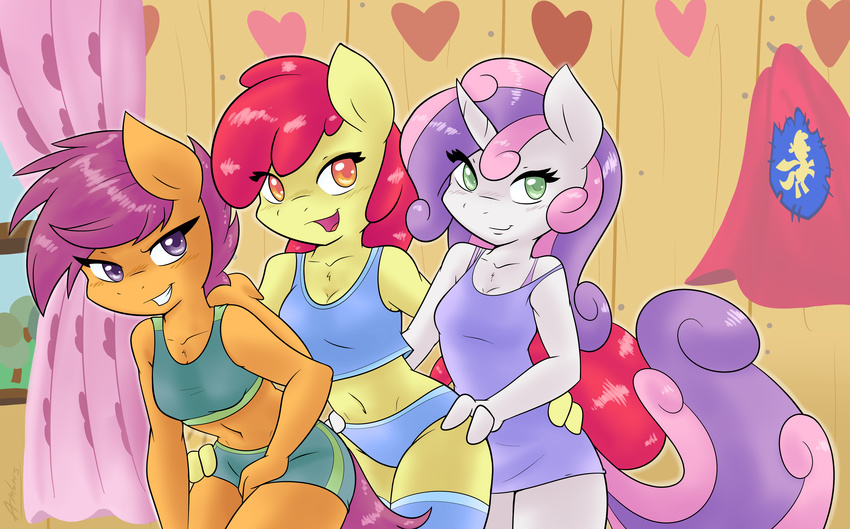 2015 absurd_res aged_up ambris anthro anthrofied apple_bloom_(mlp) bra breasts cleavage clothed clothing cutie_mark_crusaders_(mlp) earth_pony equine eyelashes feathered_wings feathers female friendship_is_magic fur green_eyes group hair hands_on_hips hi_res horn horse inside legwear mammal midriff multicolored_hair my_little_pony navel nightgown off_shoulder open_mouth orange_eyes orange_feathers orange_fur pegasus pink_hair pony purple_eyes purple_hair red_hair scootaloo_(mlp) smile sweetie_belle_(mlp) teeth thigh_highs two_tone_hair underwear unicorn white_fur wings yellow_fur