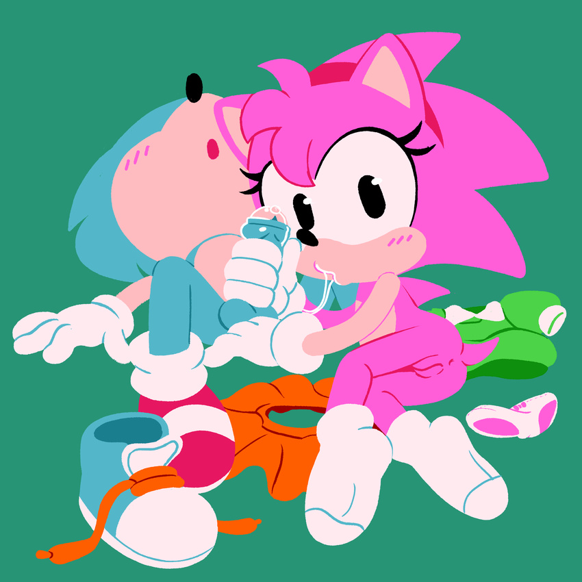 amy_rose anthro anus balls black_nose blue_fur clothing cum cum_in_mouth cum_inside cum_trail eyelashes female footwear fur gaturo gloves legwear lying male male/female nude open_mouth panties penis pink_fur pussy rosy_the_rascal shirt shoes skirt socks sonic_(series) sonic_the_hedgehog underwear video_games