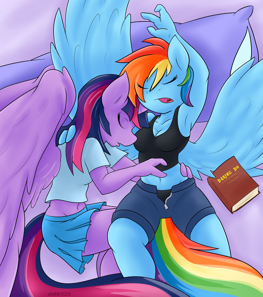 2015 ambris anthro anthrofied blue_feathers blue_fur book breasts cleavage clothed clothing cuddling duo equine eyes_closed feathered_wings feathers female female/female friendship_is_magic fur hair hi_res horn mammal midriff multicolored_hair multicolored_tail my_little_pony navel pegasus purple_fur purple_hair rainbow_dash_(mlp) rainbow_hair rainbow_tail shirt shorts skirt sleeping tank_top twilight_sparkle_(mlp) two_tone_hair winged_unicorn wings