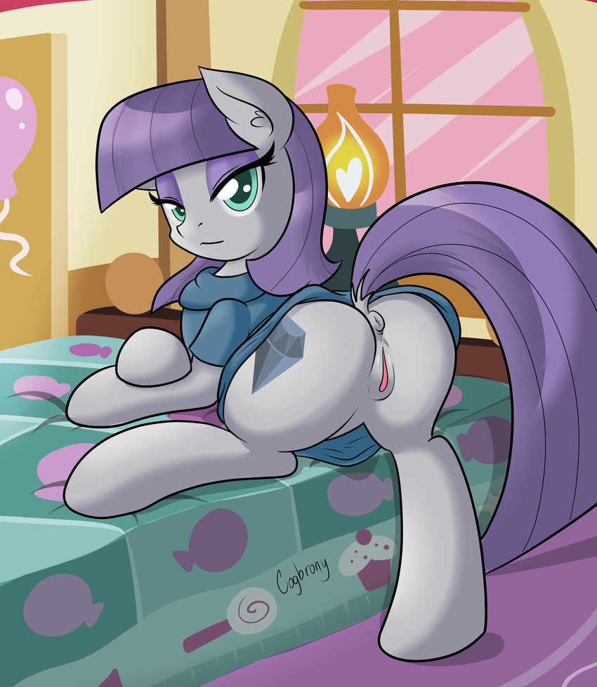 2015 anus bed butt clothed clothing cogbrony cutie_mark earth_pony equine female feral friendship_is_magic hair half-closed_eyes hi_res horse inside mammal maud_pie_(mlp) my_little_pony pony purple_hair pussy solo