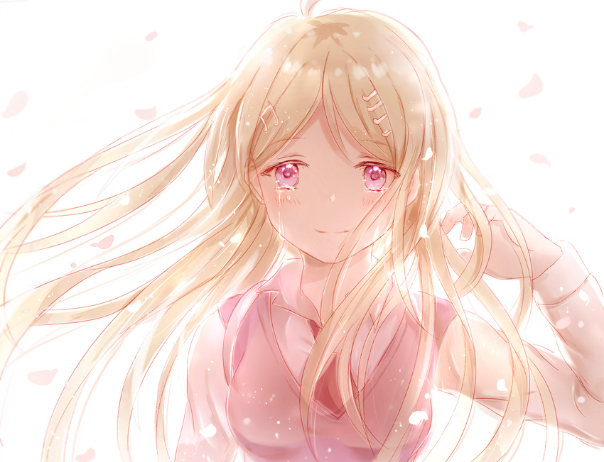 ahoge akamatsu_kaede blonde_hair crying crying_with_eyes_open danganronpa floating_hair hand_in_hair highres iceblue long_hair looking_at_viewer musical_note_hair_ornament necktie new_danganronpa_v3 petals pink_eyes red_neckwear school_uniform shirt simple_background smile solo tears upper_body very_long_hair white_background white_shirt