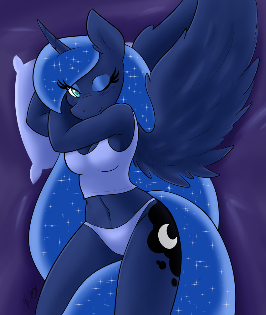 2015 ambris anthro anthrofied bed blue_eyes blue_feathers blue_fur blue_hair breasts clothing cutie_mark equine eyelashes eyeshadow feathered_wings feathers female friendship_is_magic fur good_night hair hi_res horn long_hair looking_at_viewer lying makeup mammal my_little_pony navel on_back one_eye_closed panties pillow princess_luna_(mlp) shirt smile solo tank_top temptation underwear winged_unicorn wings wink