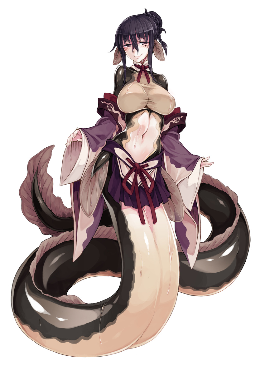 absurdres bangs black_hair blush braid braided_bun breasts covered_nipples detached_sleeves eel_girl enty_reward fins french_braid full_body hair_between_eyes hair_bun half-closed_eyes head_fins highres hips japanese_clothes kenkou_cross large_breasts light_smile long_sleeves looking_at_viewer mermaid midriff miniskirt mole mole_under_eye monster_girl monster_girl_encyclopedia naughty_face navel neck_ribbon official_art paid_reward pelvic_curtain pleated_skirt purple_eyes ribbon sash sidelocks simple_background skirt sleeves_past_wrists smile solo standing taut_clothes tied_hair turtleneck unagi_jorou_(monster_girl_encyclopedia) wet white_background wide_sleeves