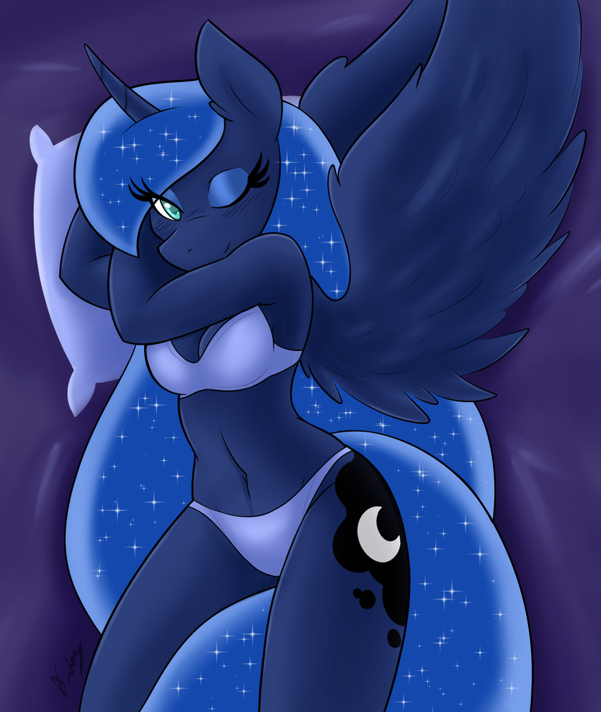 2015 ambris anthro anthrofied bed blue_eyes blue_feathers blue_fur blue_hair bra breasts clothed clothing cutie_mark equine eyelashes eyeshadow feathered_wings feathers female friendship_is_magic fur hair hi_res horn long_hair looking_at_viewer lying makeup mammal my_little_pony navel on_back one_eye_closed panties pillow princess_luna_(mlp) skimpy smile solo underwear winged_unicorn wings wink