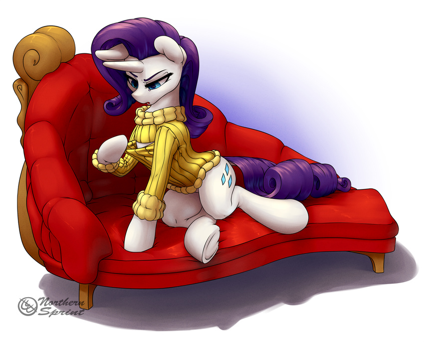 2015 blue_eyes clothed clothing cutie_mark equine fainting_couch female feral friendship_is_magic hair hooves horn keyhole_turtleneck long_hair mammal my_little_pony northernsprint purple_hair rarity_(mlp) solo sweater underhoof unicorn