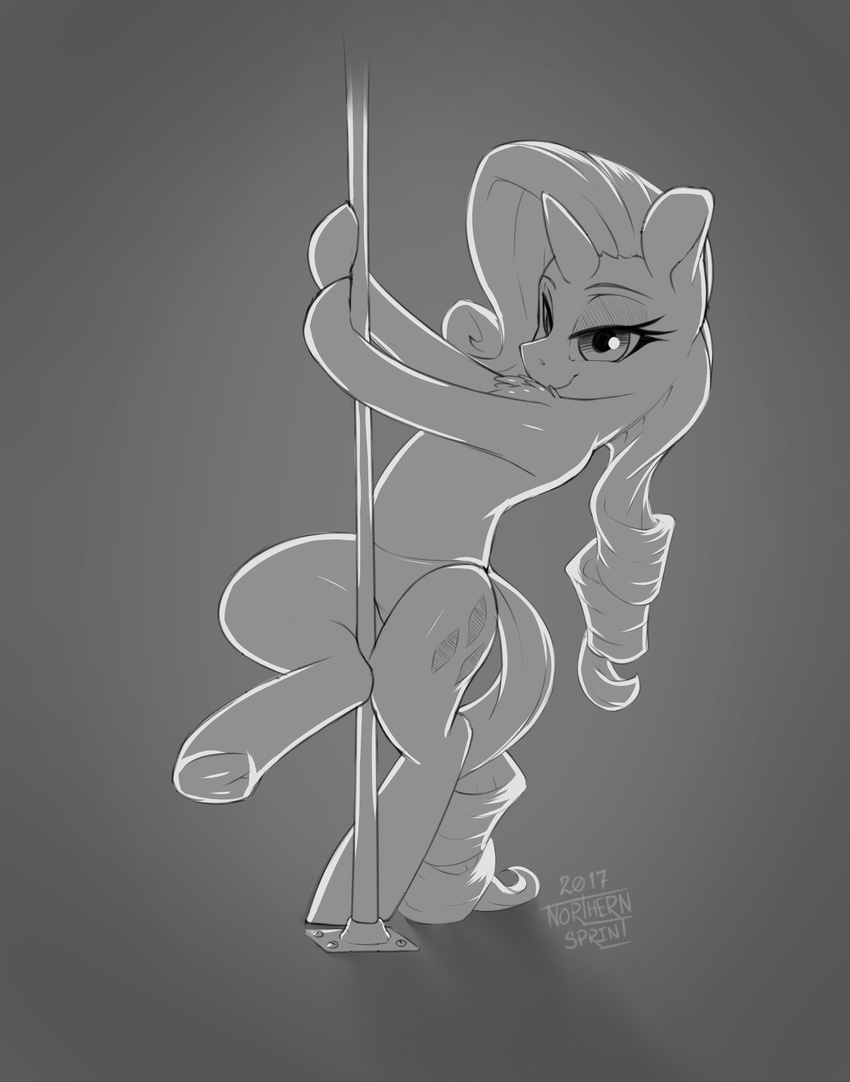 2017 anthro clothing cutie_mark dancing equine female friendship_is_magic grey_background hair hi_res hooves horn long_hair mammal monochrome my_little_pony northernsprint panties pole pole_dancing rarity_(mlp) semi-anthro simple_background smile solo underhoof underwear unicorn
