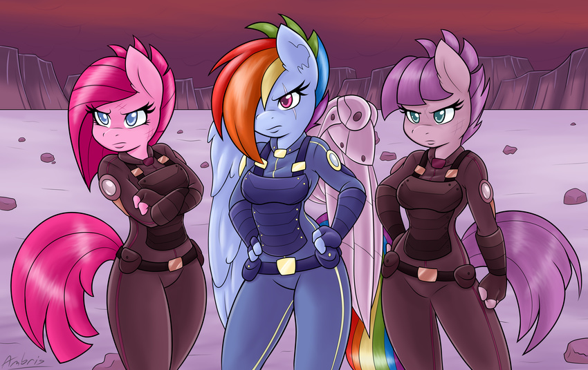 2015 absurd_res ambris angry anthro anthrofied blue_eyes blue_fur clothing crossed_arms cybernetics cyborg earth_pony equine feathered_wings feathers female fingerless_gloves friendship_is_magic frown fur gloves grey_fur group hair hair_over_eye hand_on_hip hi_res horse machine mammal maud_pie_(mlp) mechanical_wings multicolored_hair my_little_pony outside pegasus pink_eyes pink_fur pink_hair pinkie_pie_(mlp) pony purple_hair rainbow_dash_(mlp) rainbow_hair scar war wings