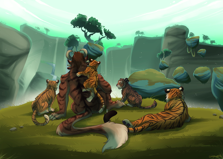 anthro charr claws compass_(artist) cub day detailed_background feline female feral fluffy fluffy_tail fur grass group guild_wars horn lying mammal multi_ear nude rock sitting sky striped_fur stripes tiger tree video_games young