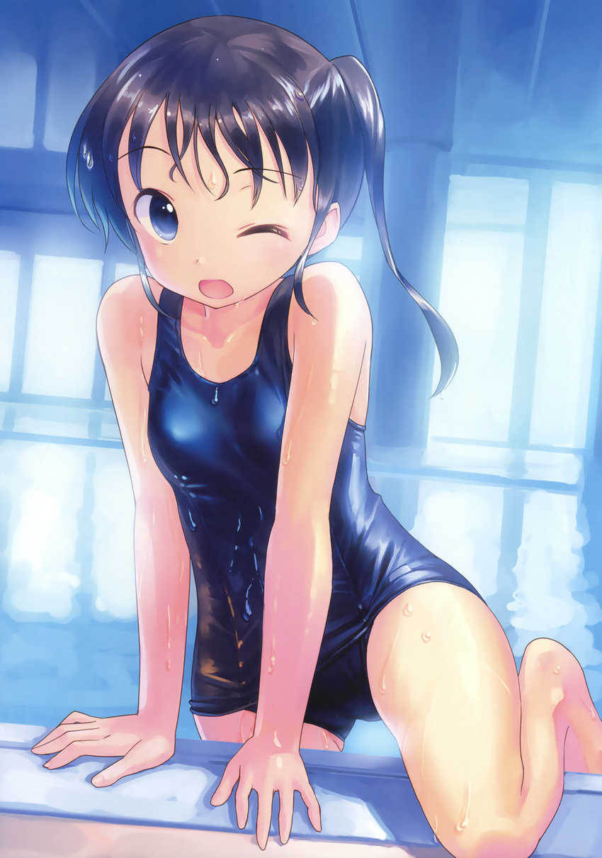 absurdres bangs barefoot blue_eyes blue_swimsuit breasts brown_hair collarbone d; day dutch_angle eyebrows_visible_through_hair highres indoors long_hair looking_at_viewer old_school_swimsuit one-piece_swimsuit one_eye_closed open_mouth original pool poolside scan school_swimsuit shadow shiny shiny_clothes side_ponytail sidelocks small_breasts solo swimsuit takoyaki_(roast) tareme thighs wet