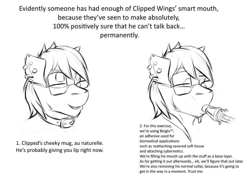 absurd_res clipped_wings_(oc) collar comic equine eyewear glasses glue hi_res horse krd male mammal monochrome my_little_pony permanent permanent_bondage piercing pony solo story