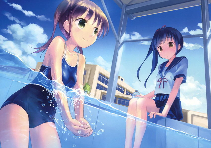 absurdres air_bubble bangs bare_legs blue_hair blue_skirt blue_sky blue_swimsuit blush bottle brown_eyes brown_hair bubble closed_mouth cloud cloudy_sky competition_school_swimsuit cupping_hands day eyebrows_visible_through_hair green_eyes highres huge_filesize legs_together long_hair multiple_girls one-piece_swimsuit original outdoors own_hands_together partially_submerged partially_underwater_shot pleated_skirt pool scan school school_swimsuit school_uniform serafuku shiny shiny_clothes short_sleeves side_ponytail sitting skirt sky smile soaking_feet sweat swimsuit takoyaki_(roast) tareme twintails wading water_bottle