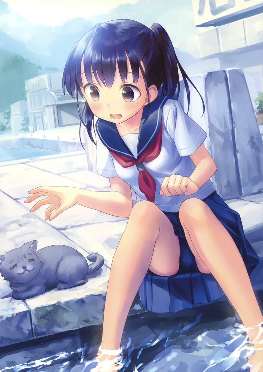 :d absurdres bangs blue_hair blue_swimsuit blush brown_eyes cat day eyebrows_visible_through_hair hands_up highres knees_up long_hair neckerchief open_mouth original outdoors pleated_skirt ponytail pool red_neckwear scan school_swimsuit school_uniform serafuku short_sleeves sidelocks sitting skirt smile soaking_feet solo swimsuit swimsuit_under_clothes takoyaki_(roast)