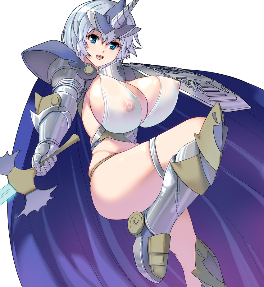 blue_eyes bouncing_breasts breasts cleavage curvy highres horn huge_breasts leg_lift leg_up looking_at_viewer masao original plump puffy_nipples short_hair silver_hair simple_background skindentation smile solo sword thick_thighs thighs weapon white_background