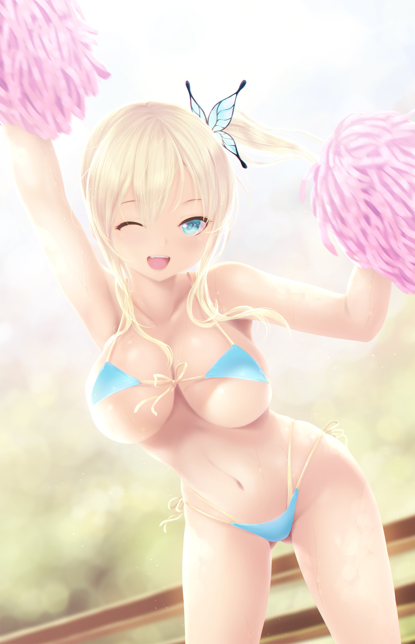 ;d alternate_hairstyle arm_up armpits bikini blonde_hair blue_bikini blue_eyes boku_wa_tomodachi_ga_sukunai breasts butterfly_hair_ornament cait cleavage front-tie_bikini front-tie_top hair_ornament highleg highleg_bikini highres kashiwazaki_sena large_breasts long_hair looking_at_viewer navel one_eye_closed open_mouth pom_poms side-tie_bikini side_ponytail smile solo standing stomach sweat swimsuit
