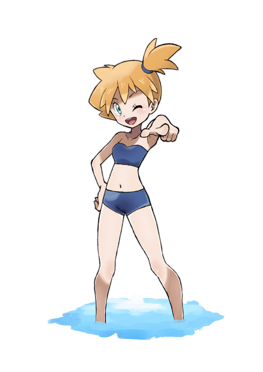 ;d absurdres armpits bikini blue_bikini green_eyes hand_on_hip highres kasumi_(pokemon) kisama looking_at_viewer navel one_eye_closed open_mouth pointing pointing_at_viewer pokemon pokemon_(game) pokemon_rgby short_ponytail side_ponytail simple_background smile solo swimsuit wading water white_background