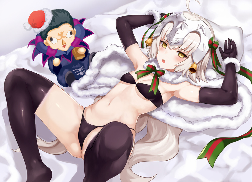 1girl :o ahoge armpits arms_up ass bandeau bangs bell bikini black_bikini black_gloves black_legwear blush bow bowtie breasts capelet caster_(fate/zero) character_doll christmas commentary_request elbow_gloves eyebrows eyebrows_visible_through_hair fate/grand_order fate_(series) gloves hair_bow hair_ribbon hat headpiece jeanne_d'arc_(fate)_(all) jeanne_d'arc_alter_santa_lily jirusu knees_up long_hair looking_at_viewer lying navel no_shoes on_back ribbon santa_hat shadow skindentation small_breasts solo spread_legs stomach striped striped_bow striped_neckwear swimsuit thighhighs thong_bikini underboob very_long_hair white_hair wrist_cuffs yellow_eyes