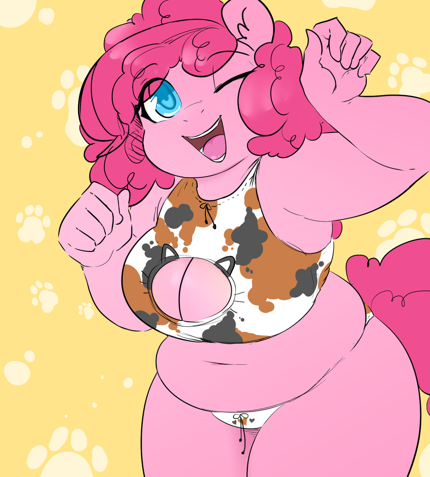 2015 anthro anthrofied blue_eyes breasts cleavage clothed clothing earth_pony equine female friendship_is_magic glacierclear hair hi_res horse looking_at_viewer mammal my_little_pony navel one_eye_closed open_mouth pink_hair pinkie_pie_(mlp) pony skimpy slightly_chubby smile solo tongue translucent_hair underwear