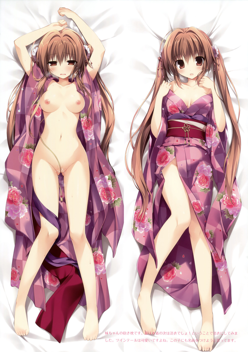 absurdres arms_up barefoot bed_sheet breasts brown_eyes brown_hair collarbone convenient_censoring dakimakura eyebrows_visible_through_hair flower from_above full_body groin hair_between_eyes hair_flower hair_ornament highres japanese_clothes karory kimono long_hair looking_at_viewer lying medium_breasts multiple_views nipples no_panties obi on_back open_clothes open_kimono open_mouth original purple_kimono sash twintails very_long_hair white_flower yukata