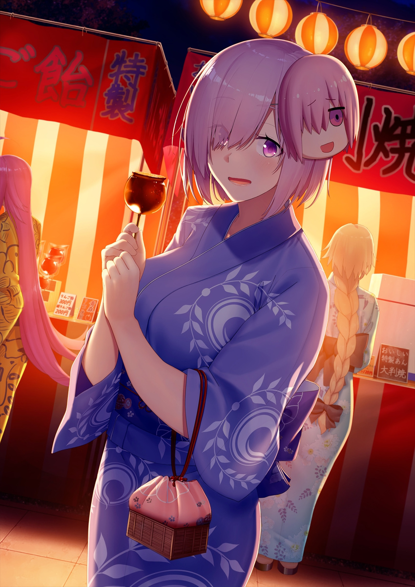 :d anniversary_heroines basket black_bow black_ribbon blonde_hair blue_kimono bow braid breasts candy_apple character_mask commentary_request dacchi dutch_angle eyebrows_visible_through_hair eyes_visible_through_hair fate/apocrypha fate/grand_order fate_(series) festival food francis_drake_(fate) hair_bow hair_over_one_eye hair_ribbon highres holding holding_food japanese_clothes jeanne_d'arc_(fate) jeanne_d'arc_(fate)_(all) kimono kinchaku large_breasts long_hair looking_at_viewer mash_kyrielight mask mask_on_head multiple_girls open_mouth pouch purple_eyes purple_hair ribbon riyo_(lyomsnpmp)_(style) single_braid smile solo_focus summer_festival tress_ribbon very_long_hair yukata