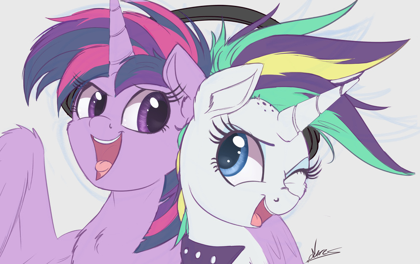 blue_eyes duo equine female feral friendship_is_magic fur hair horn mammal my_little_pony ncmares open_mouth purple_eyes purple_fur purple_hair simple_background smile teeth tongue twilight_sparkle_(mlp) unicorn winged_unicorn wings
