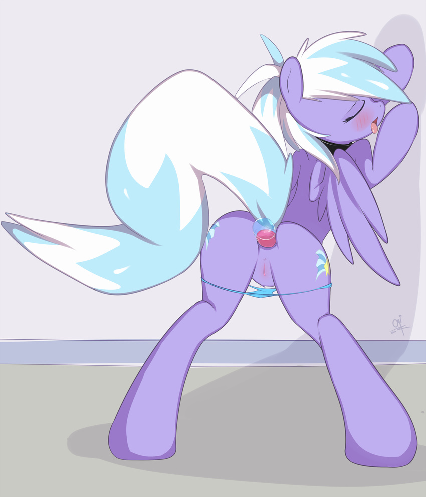 2014 against_wall anal anal_penetration biped blue_feathers blush butt clothed clothing cloud_chaser_(mlp) collar cutie_mark dildo equine eyes_closed feathered_wings feathers female feral friendship_is_magic hi_res mammal my_little_pony omiart open_mouth panties panties_down pegasus penetration purple_feathers pussy rear_view semi-anthro sex_toy solo tongue topless transparent_dildo transparent_sex_toy underwear underwear_down wings
