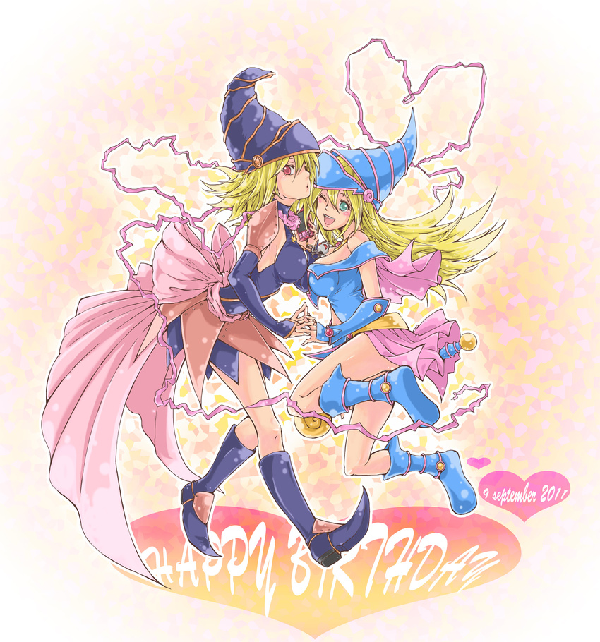 2girls artist_request bare_legs blonde_hair blue_boots blue_eyes boots dark_magician_girl dated duel_monster duel_monsters female gagaga_girl hat long_hair looking_at_viewer magical_girl multiple_girls skirt smile star wink yu-gi-oh!