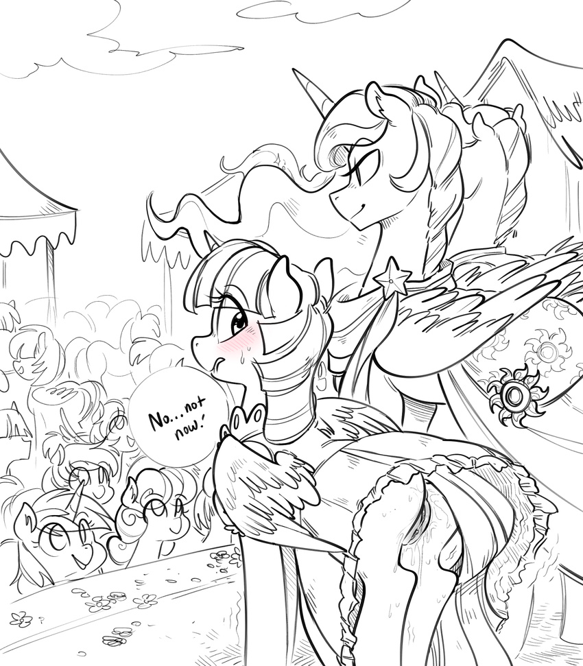 2016 bonbon_(mlp) butt clothed clothing crowd cutie_mark dress earth_pony equine feathered_wings feathers female feral friendship_is_magic glacierclear group hair hi_res horn horse in_heat long_hair lyra_heartstrings_(mlp) mammal my_little_pony pegasus pony princess_celestia_(mlp) pussy pussy_juice smile sweat twilight_sparkle_(mlp) unicorn winged_unicorn wings
