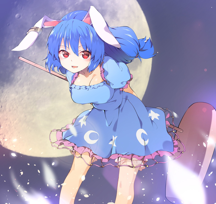 animal_ears arms_behind_back bad_id bad_twitter_id blue_dress blue_hair blush breasts bunny_ears collarbone crescent dress ear_clip feet_out_of_frame full_moon hair_between_eyes hasebe_yuusaku highres kine leaning_forward long_hair looking_at_viewer medium_breasts moon parted_lips petals puffy_short_sleeves puffy_sleeves red_eyes seiran_(touhou) short_sleeves smile solo star touhou