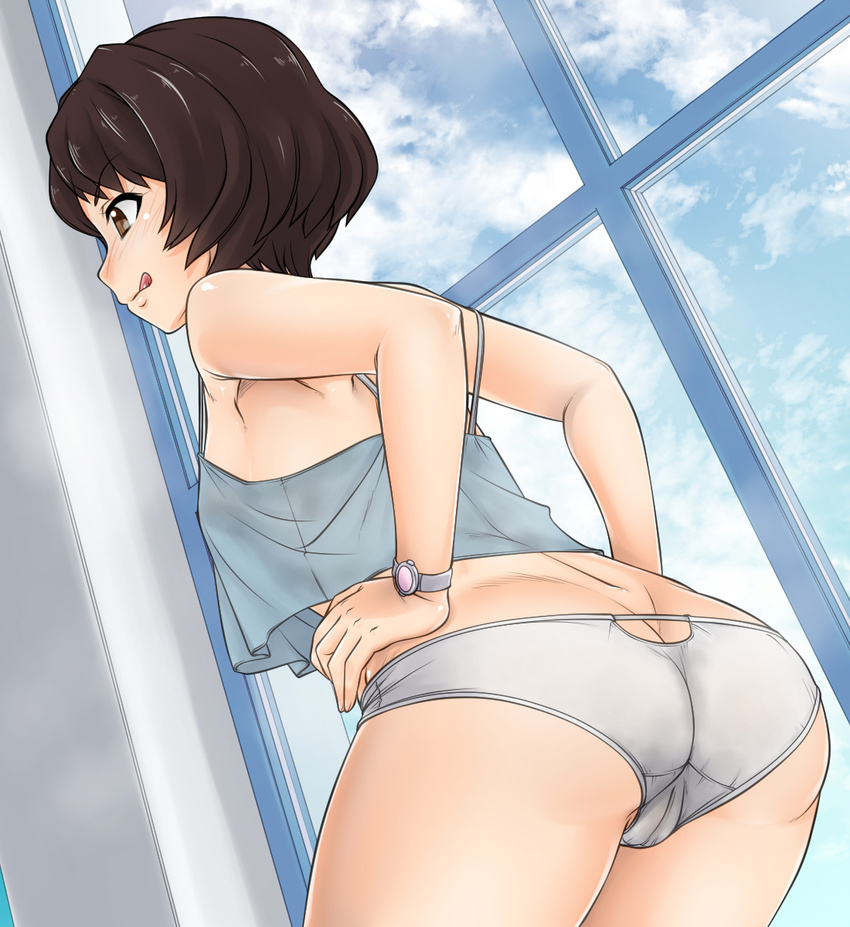 :p ass bare_arms bare_shoulders blue_shirt breasts brown_eyes brown_hair cameltoe camisole closed_mouth cloud cloudy_sky cowboy_shot crotch_seam day dutch_angle eyebrows_visible_through_hair from_behind hands_on_hips highres indoors leaning_forward nurugamer-kouyouju panties shinmon_megumi shirt short_hair sky sleeveless small_breasts solo spaghetti_strap standing tomica_hyper_rescue_drive_head:_kidou_kyuukyuu_keisatsu tongue tongue_out trefoil underwear underwear_only watch white_panties window wristwatch