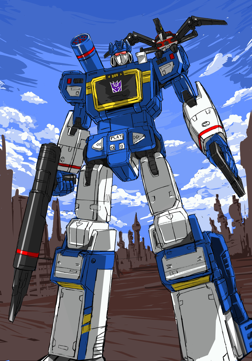 bird blue_sky cannon cassette_tape cloud cloudy_sky commentary_request cybertron day decepticon gun handgun highres holding holding_gun holding_weapon insignia landscape laserbeak looking_at_viewer machinery mamesi-ii mecha no_humans oldschool outdoors pet ravage red_eyes robot science_fiction sky solo soundwave transformers weapon