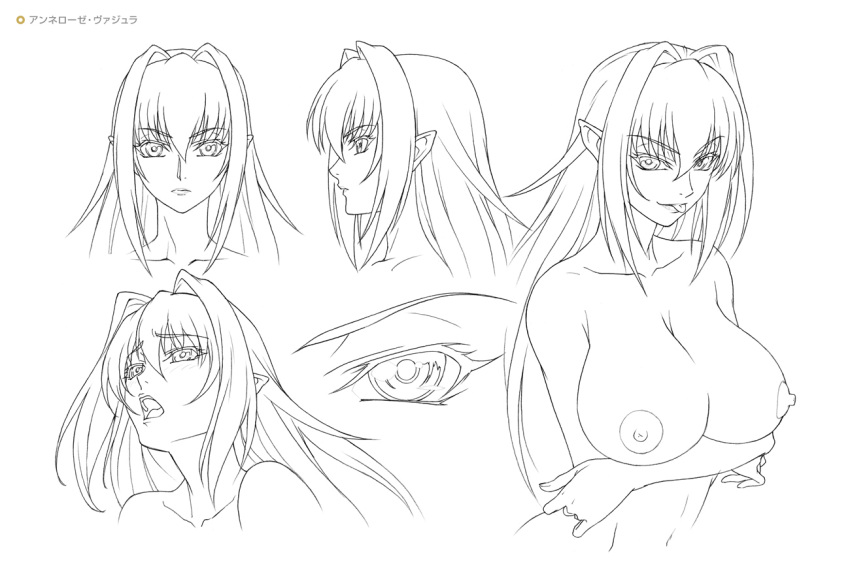 1girl annerose_vajra blush breasts character_sheet curvy female kagami_hirotaka koutetsu_no_majo_anneroze large_breasts lilith-soft long_hair looking_at_viewer monochrome multiple_views nude smile solo