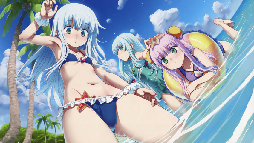 :&lt; animal animal_on_head aoki_hagane_no_arpeggio ass_visible_through_thighs barefoot bikini blue_bikini blue_hair blue_sky breasts bun_cover casual_one-piece_swimsuit cleavage cleavage_cutout collarbone covered_navel cropped day double_bun dutch_angle eyebrows_visible_through_hair fingernails fisheye frill_trim green_eyes green_hair green_swimsuit hair_ribbon highres i-400_(aoki_hagane_no_arpeggio) i-402_(aoki_hagane_no_arpeggio) in_swimsuit innertube iona koume_keito long_hair multiple_girls navel on_head one-piece_swimsuit outdoors parted_lips partially_submerged purple_swimsuit ribbon scan scrunchie sidelocks sky small_breasts starfish swimsuit tress_ribbon wading white_scrunchie wrist_scrunchie