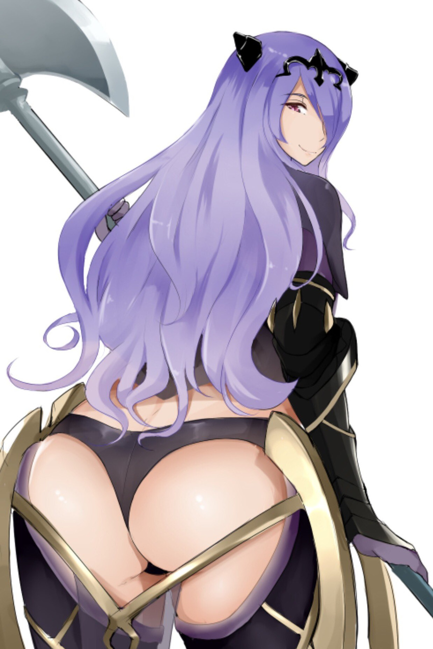 1girl ass axe battle_axe camilla_(fire_emblem_if) erimiko fire_emblem fire_emblem_if from_behind gloves hair_over_one_eye long_hair looking_at_viewer looking_back nintendo purple_hair red_eyes smile solo thong very_long_hair weapon