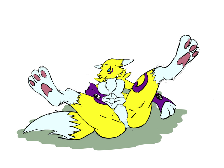 anthro butt canine digimon elwysprigg female lying mammal paws pose presenting renamon simple_background solo spread_legs spreading