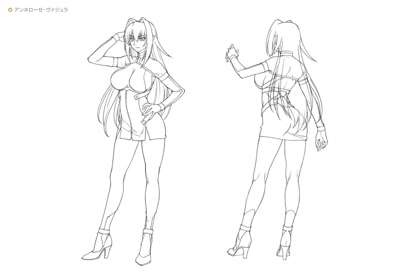 1girl annerose_vajra breasts character_sheet female full_body kagami_hirotaka koutetsu_no_majo_anneroze large_breasts lilith-soft long_hair looking_at_viewer monochrome multiple_views no_bra smile solo standing
