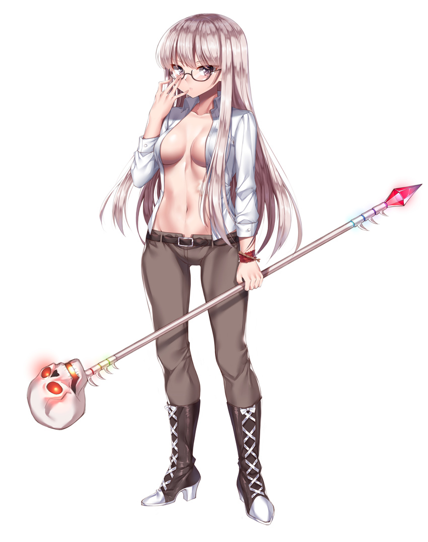 absurdres bad_id bad_pixiv_id bangs belt boots breasts breasts_apart brown-framed_eyewear brown_pants closed_mouth collared_shirt cross-laced_footwear expressionless eyebrows_visible_through_hair full_body gem_oblivion glasses hand_on_eyewear highres holding holding_staff lace-up_boots long_hair long_sleeves looking_at_viewer medium_breasts navel no_bra open_clothes open_shirt original pants purple_eyes semi-rimless_eyewear shirt sidelocks simple_background skull solo staff standing tsurime under-rim_eyewear white_background white_hair white_shirt wristband