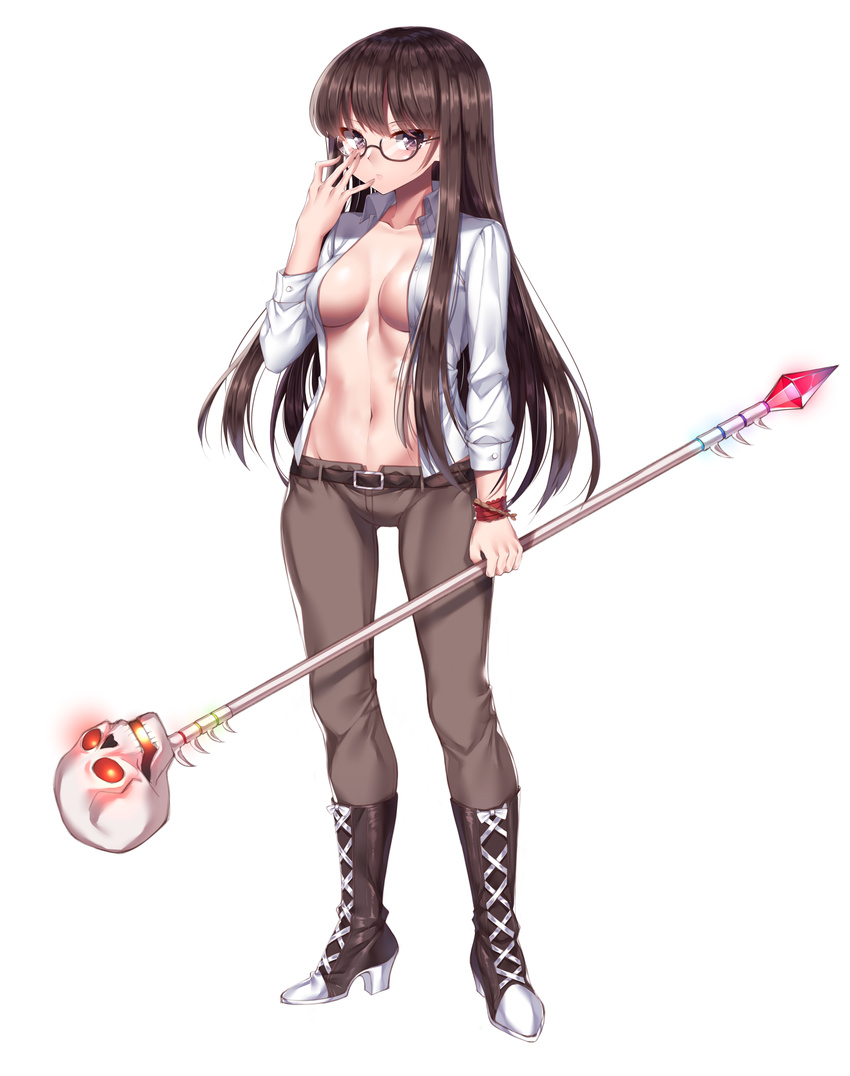 absurdres bad_id bad_pixiv_id bangs belt boots breasts breasts_apart brown-framed_eyewear brown_hair brown_pants closed_mouth collared_shirt cross-laced_footwear expressionless eyebrows_visible_through_hair full_body gem_oblivion glasses hand_on_eyewear highres holding holding_staff lace-up_boots long_hair long_sleeves looking_at_viewer medium_breasts navel no_bra open_clothes open_shirt original pants purple_eyes semi-rimless_eyewear shirt sidelocks simple_background skull solo staff standing tsurime under-rim_eyewear white_background white_shirt wristband