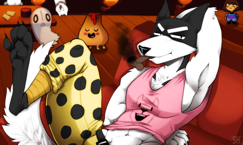 2015 4_toes absurd_res anthro belt black_nose blush canine claws clothing digital_media_(artwork) dog dog_treat doggo eyes_closed fur group hi_res human lesser_dog looking_at_viewer male mammal napstablook navel pants protagonist_(undertale) shirt smile smoking solo_focus spazzyhusky tank_top toe_claws toes undertale video_games vulkin white_fur