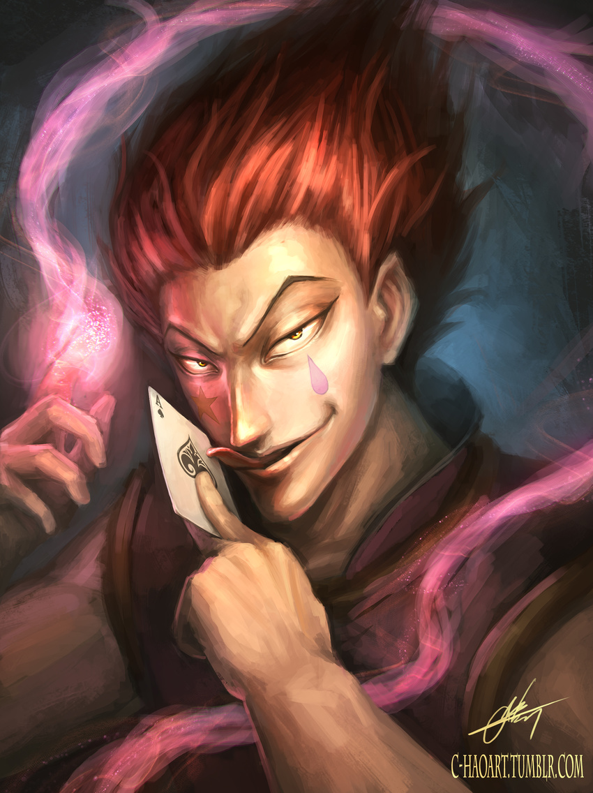 absurdres ace_of_spades card commentary facial_tattoo grin highres hisoka_(hunter_x_hunter) holding holding_card hunter_x_hunter index_finger_raised jacket looking_at_viewer magic male_focus narutocuhh parted_lips pink_jacket pointy_hair red_hair signature sleeveless sleeveless_jacket smile solo star tattoo teardrop tongue tongue_out tumblr_username watermark web_address yellow_eyes